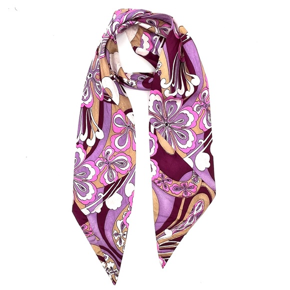 Vintage 1960s Art Deco Mod Floral Purple Twilly Scarf - Picture 1 of 2